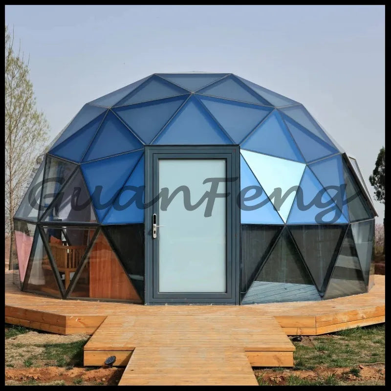 Hexagonal Tempered Glass Dome House, Geodesic Igloo Tent with Aluminum Frame, Luxury Outdoor Resort Round Camping Hotel Shelter