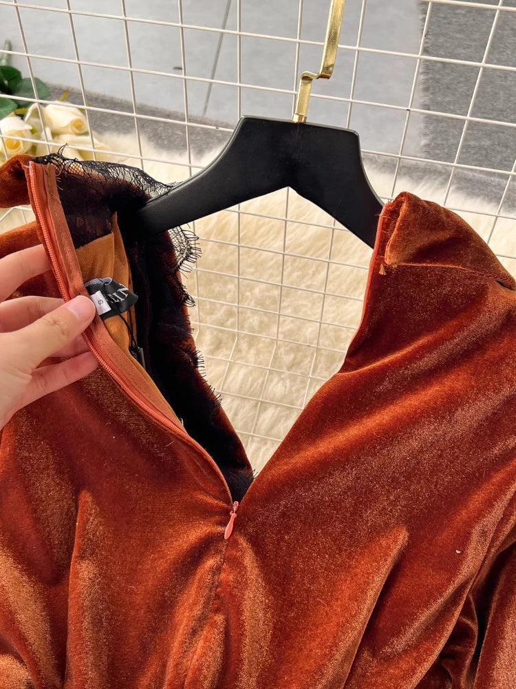 Autumn Winter Luxury Velvet Dress Women Clothing Notched Lion Metal Buttons Split Letter Belt Thick Velour Long Party Vestidos