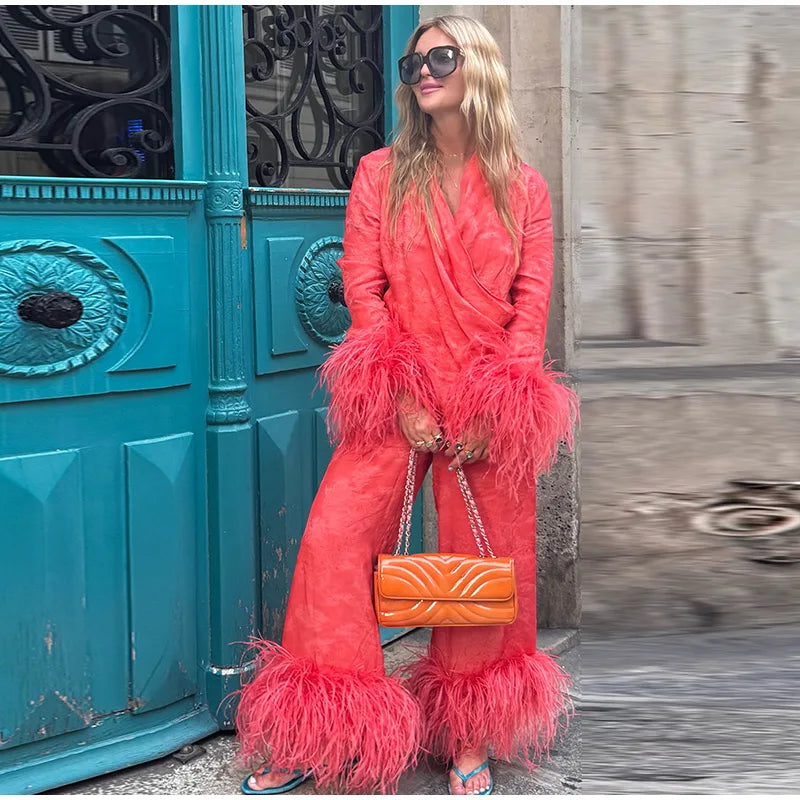 Jacquard Satin Fringe Three Piece Set Kimono Long Open Coat Wrap V Neck Top Fringe Trousers 2026 Summer Resort Lady Elegant Suit