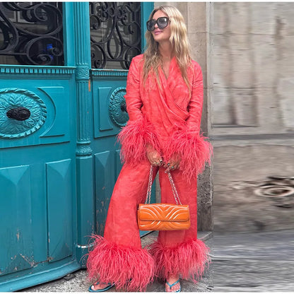 Jacquard Satin Fringe Three Piece Set Kimono Long Open Coat Wrap V Neck Top Fringe Trousers 2026 Summer Resort Lady Elegant Suit