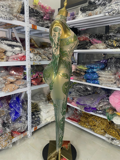 Sparkly Rhinestones Printed Mesh Bodycon Green Jumpsuits With Sleeves See Through Masquerade Costume Dress Night Club DJ Gogo
