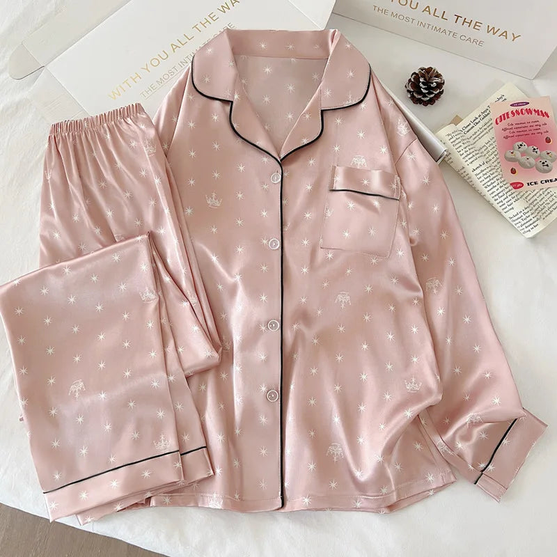Japanese-Style Cute Girl Star Print Ice Silk Nightwear Women's Spring and Autumn Long-Sleeved Long Pants Homewear Actual Photo