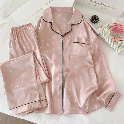 Japanese-Style Cute Girl Star Print Ice Silk Nightwear Women's Spring and Autumn Long-Sleeved Long Pants Homewear Actual Photo