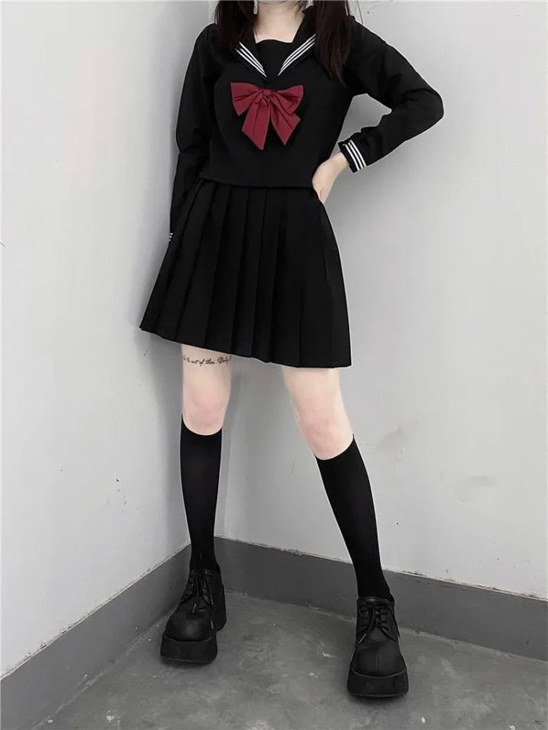 2025 Japanese School Uniform Girls Jk Suit Red Tie Black Oversized Patchwork Basic Sailor Uniform Women Long Sleeve Suit