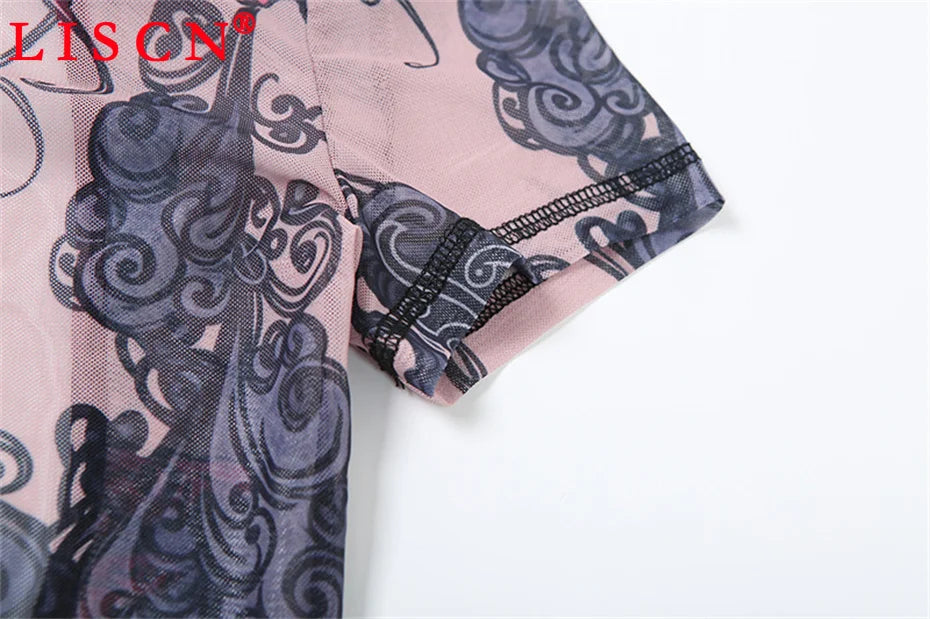 10 Wholesale Items Jumpsuits Women Summer 2025 Short Sleeve Bodycon Sexy Y2k Printing Mesh See Through Backless Rompers K15151