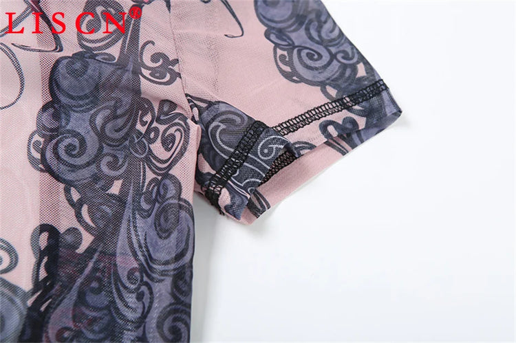 10 Wholesale Items Jumpsuits Women Summer 2025 Short Sleeve Bodycon Sexy Y2k Printing Mesh See Through Backless Rompers K15151