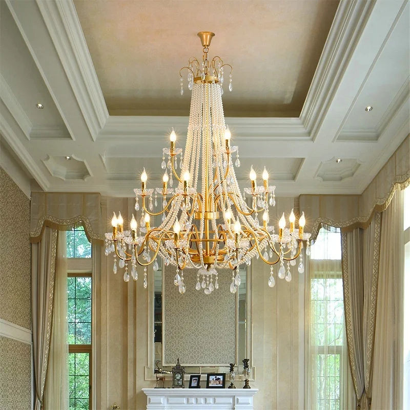 French Candle E14 Led Chandelier Villa Stairs Pearl Crystal Led Pendant Lights Hotel Art Decor Suspend Light Led Luminarias