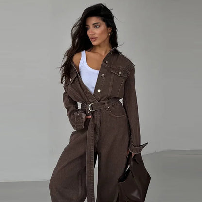 Chic Denim Women's Jumpsuit Turn-Down Collar Lace Up Full Sleeve Lady Long Jumpsuits 2026 Spring Casual Female Streetwear