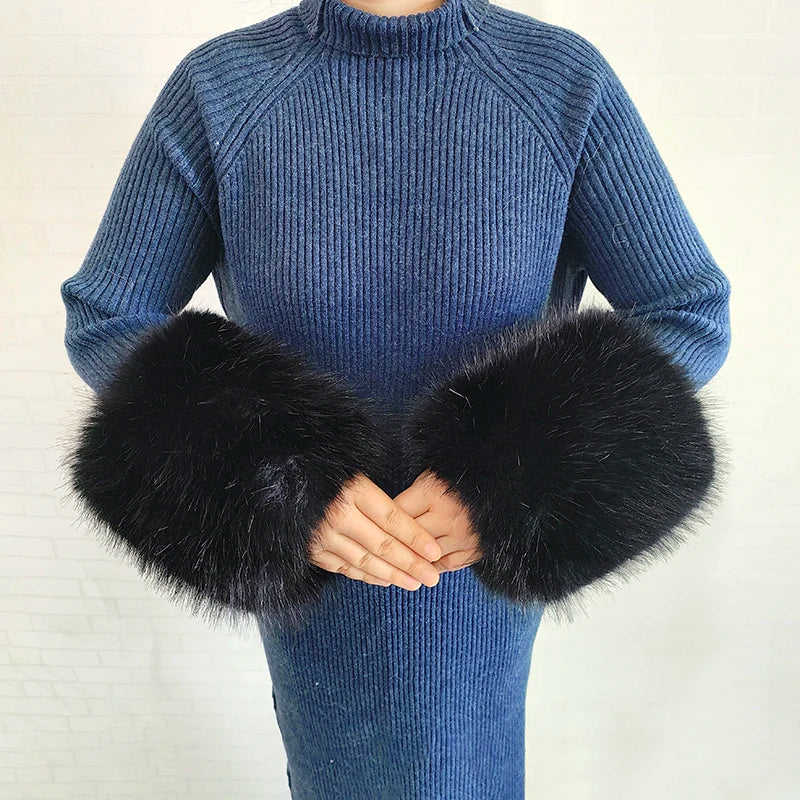 Large Women Faux Fox Fur Scarf Winter Jackets Warm Fluffy Shawl Fashion Artificial Fur Collar And Cuff Set Fluffy Scarves Female