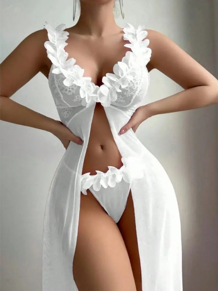Women Babydolls Nighties Pink Floral Sexy Lingerie Dress Exotic Slip Nightdress Deep-V Lace Mesh See Through Nightgowns