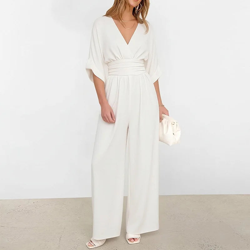 2026 Women V Neck Waist Wide Leg Jumpsuit Casual Elegant Summer One Piece