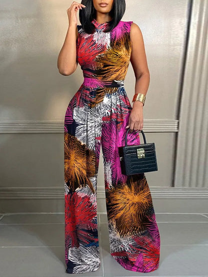 Elegant Women Wide Leg Long Juumpsuit 2024 Spring Summer Fashion Printed Sleeveless Casual Holiday Bodysuits Jumpsuits Trousers