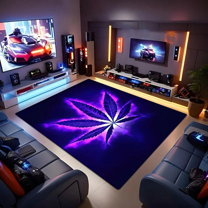 Psychedelic purple weed pattern rug cushion: non-slip, machine-washable polyester. For living room, bedroom—anti-fatigue decor.