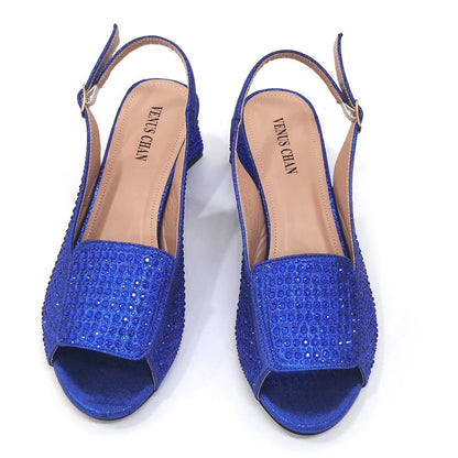 High Heels Shoes for Women Embroidery Rhinestone Italian Design Blue Color Pointed Toe Shoes and Bags Set Fashion