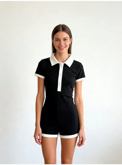 Women's Polo Collar Short Sleeved Tight Fitting Jumpsuit Summer Elegant Buttons Black Playsuit Rompers EU Size