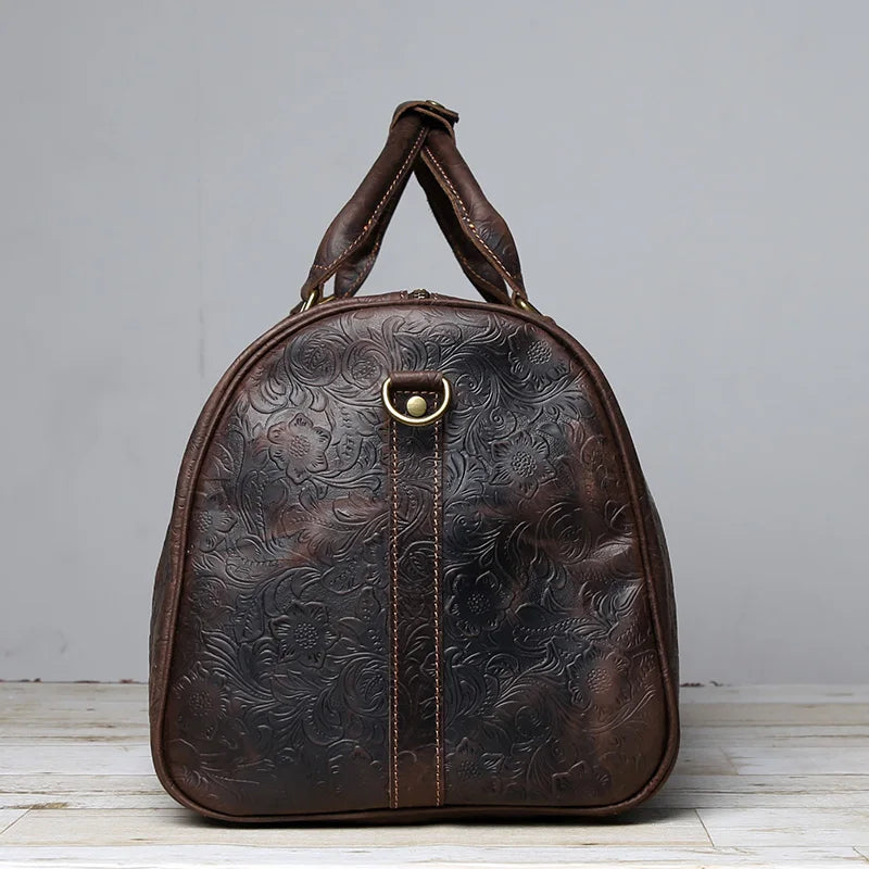 Vintage Embossed Tote High-Capacity Leather For A Short Trip Baotou Leather Belt Shoe Compartment Clothes Duffel Bag Gym Bag