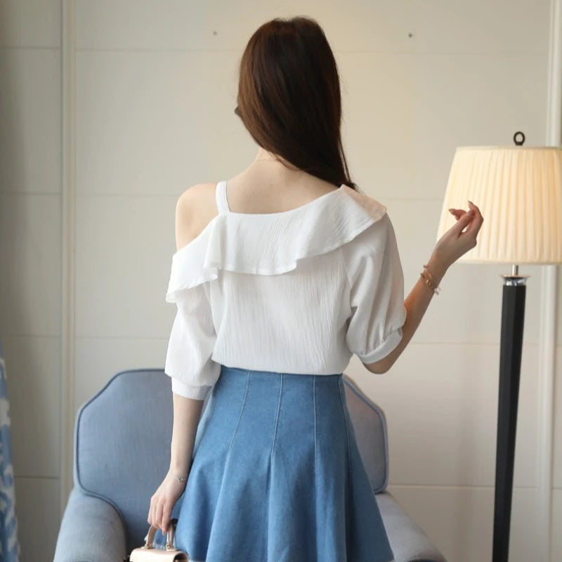 Women's Shirt Tops One-Shoulder Ruffles Short-sleeved Chiffon Blouse