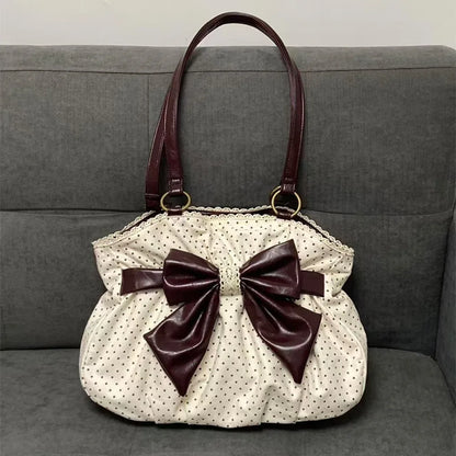Trendy Vintage Women's Bow Handbag Y2k Casual Chic Lady Shoulder Bags All Match Aesthetic Dot Ins Underarm Bag Streetwear