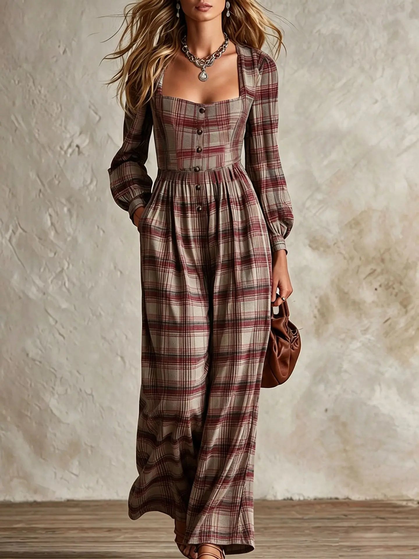 Women's Fashion Square Neck Retro Plaid Long Sleeve Jumpsuit Autumn New Waist Single Breasted Pocket Wide Leg Female Rompers2026