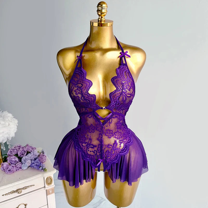 Sexy Crotchless Lingerie Women Lace Hollow Bodysuit Pajamas Teddy Babydolls Deep V Underwear
