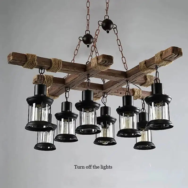 8 Lights Retro Wood Pendant Lights 8 Head Vintage Industrial Loft Glass Iron LED Chandelier Suspension Lamp Wooden Droplight