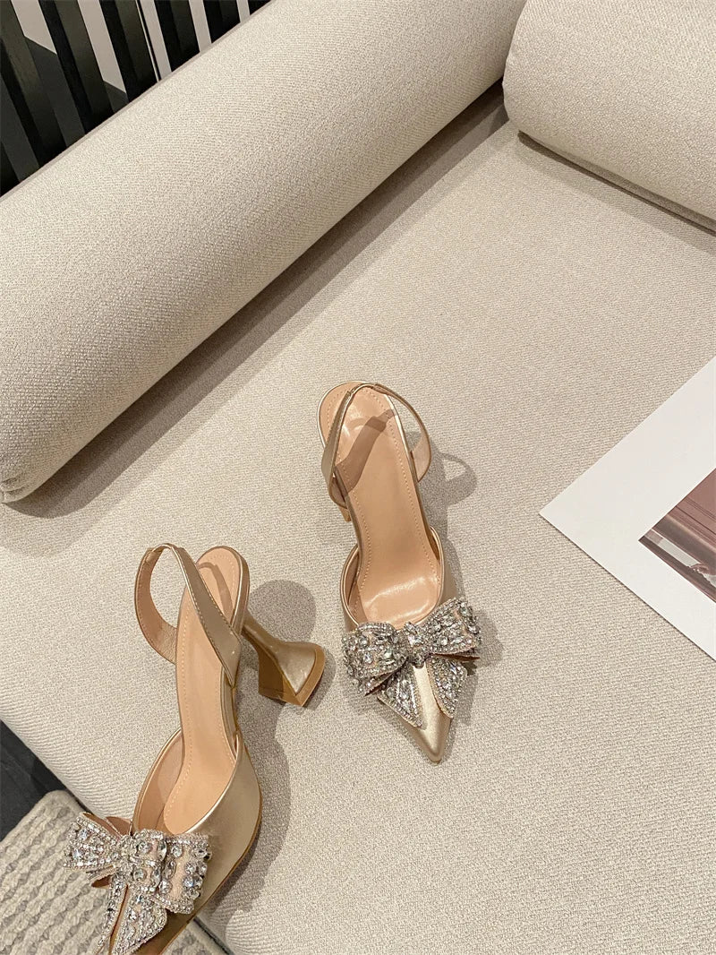 Liyke Fashion Sequined Crystal Bowknot Women Pumps Sexy Pointed Toe Red High Heels Wedding Banquet Shoes Ladies Slingback Sandal