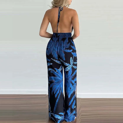New Summer Sleeveless Halter Jumpsuits for Women Backless Print Lace-up Wide-leg Women Jumpsuit Rompers Womens Jumpsuit Q3706