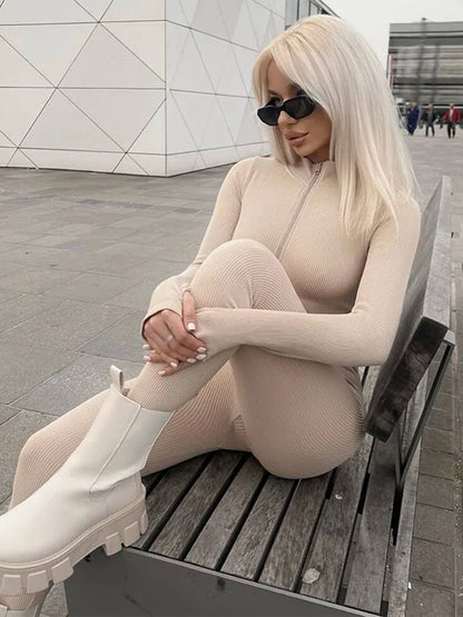 HH Women's Spring New Fashion Chic Jumpsuits Solid Half Turtleneck Long Sleeves Zipper Female Elegant Sexy Jumpsuits 2 Color