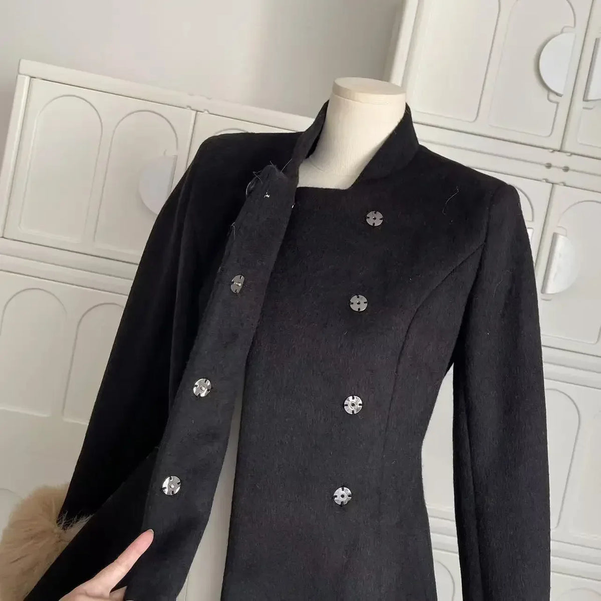 Winter French Vintage Elegant Wool Coat Woman Black Chic Shawl Cloak + Retro Loose Trench Overcoat Female Bandage Design Outfits
