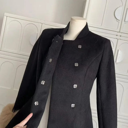 Winter French Vintage Elegant Wool Coat Woman Black Chic Shawl Cloak + Retro Loose Trench Overcoat Female Bandage Design Outfits