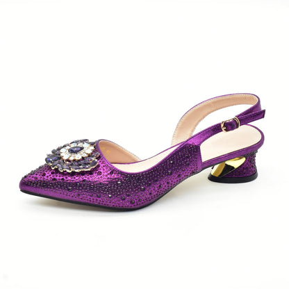 Latest Purple Italian Matching Shoes and Bag Sets Luxury Woman Pumps with Full Diamond Dual Purpose Mini Bag Wedding Shoes Bride