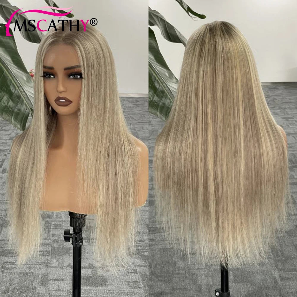 13x4 Glueless Ash Blonde Highlight Lace Front Wigs For Women Straight Brazilian Remy Human Hair Wig HD Transparent Lace Frontal