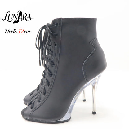 12cm/5Inch Plus size Beige PU Leather Lace-up Side zipper Peep toe High Stilettos Ankle boot Pole dancing Nightclub Rave Parties