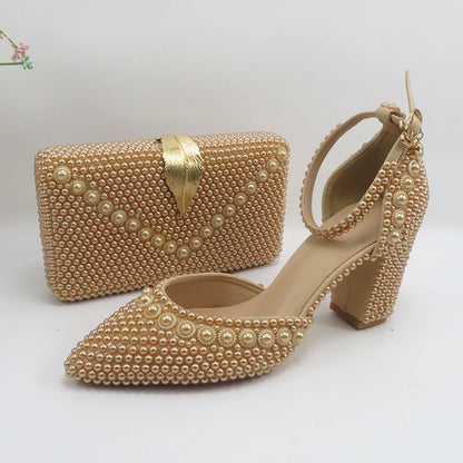 Champagne Pearl Wedding Bridal Shoes Woman Fashion Thin Heel Party Dress Shoe Lace-up Pointed Toe High Handmade Ankle Strap Shoe