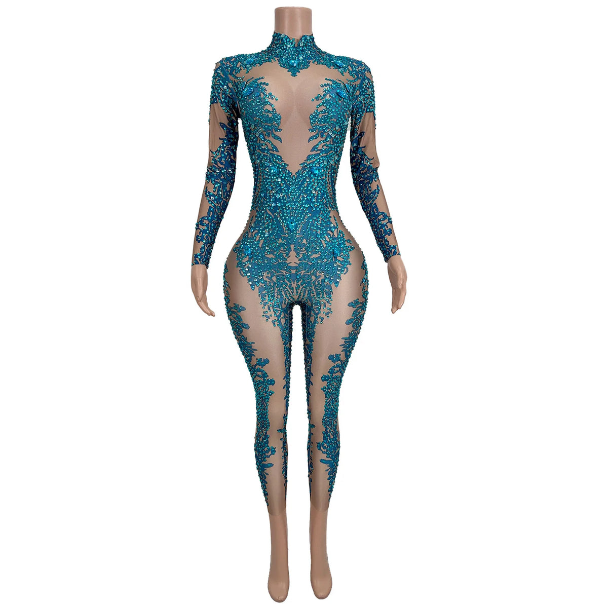 Sexy Long Sleeves Rhinestone Jumpsuits Women Drag Queen Show Stage Performance Rompers One Piece Bodysuit Dancer Festival Outfit