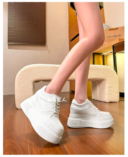 10-14cm Chunky Sneakers Women Platform Shoes Elevator Shoe White Mesh Breathable Sneakers Real Leather Increasing Shoes