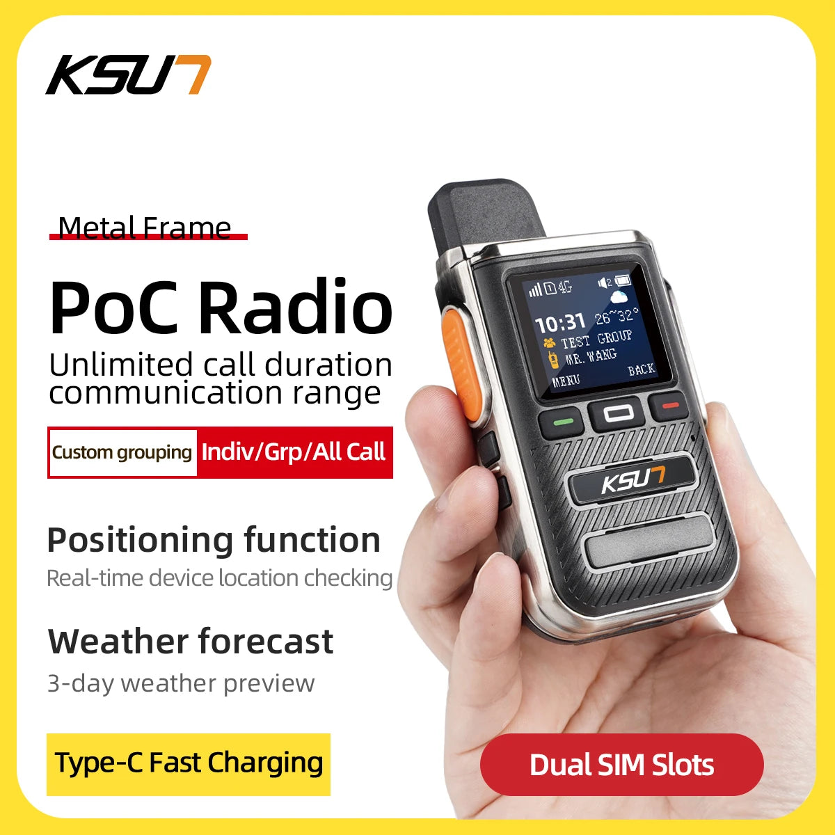 KSUN CT22 Heavy-Duty Public Walkie-Talkie Metal Electroplated Body 1.44" HD Screen 2W Output Fast Charge GPS+Weather