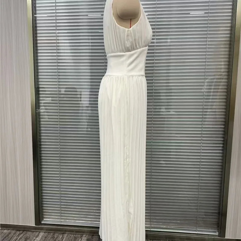 Sexy Deep V Neck Hollow Zip Jumpsuit Women's Spring Solid High Waist Wide Leg Romper Summer Sleeveless Pleated Vacation Overalls