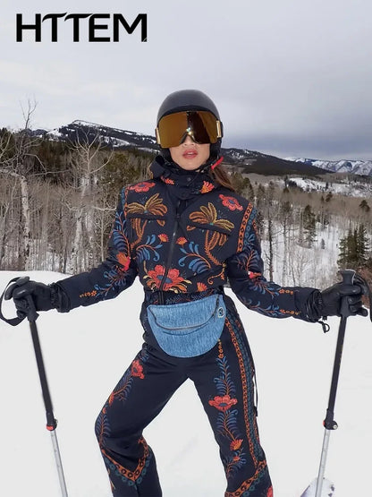 Printed Women's Ski Jumpsuits Warm Full Sleeve Zippers Stand Collar Pocket Lady Rompers 2026 Autumn Winter Female SkiWear New