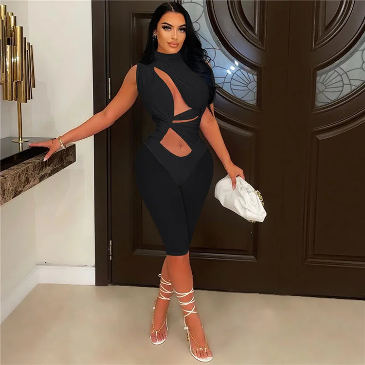 Sexy Mesh Patchwork See Through Skinny Playsuit Women One Shoulder Draped Hollow Out One Piece Rompers Party Club Jumpsuit Short