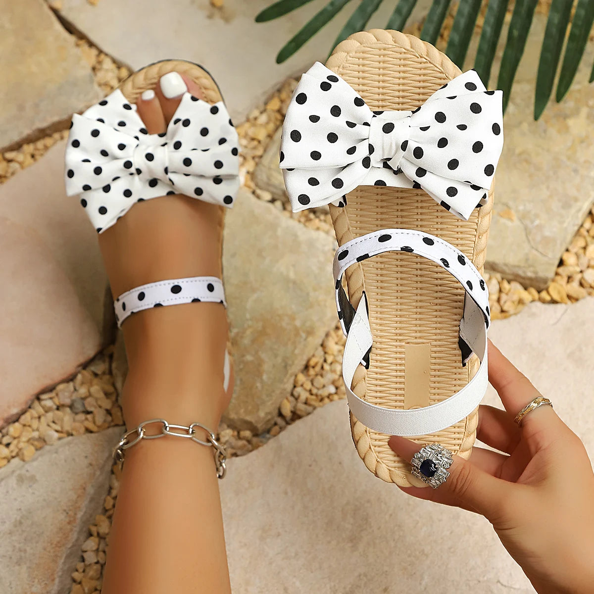 Ladies Flat Sandals Polka Dot Butterfly Knot Multi-Color Comfortable Footwear Fashionable Summer Shoes