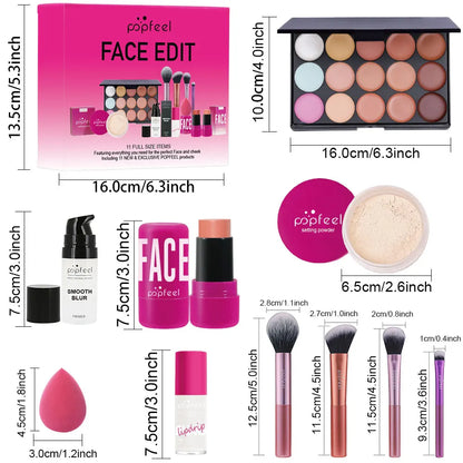 POPFEEL Face Makeup Kit, Waterproof and Sweatproof, Includes Concealer, Primer, Loose Powder, Blush, and More, Ideal for Beginne