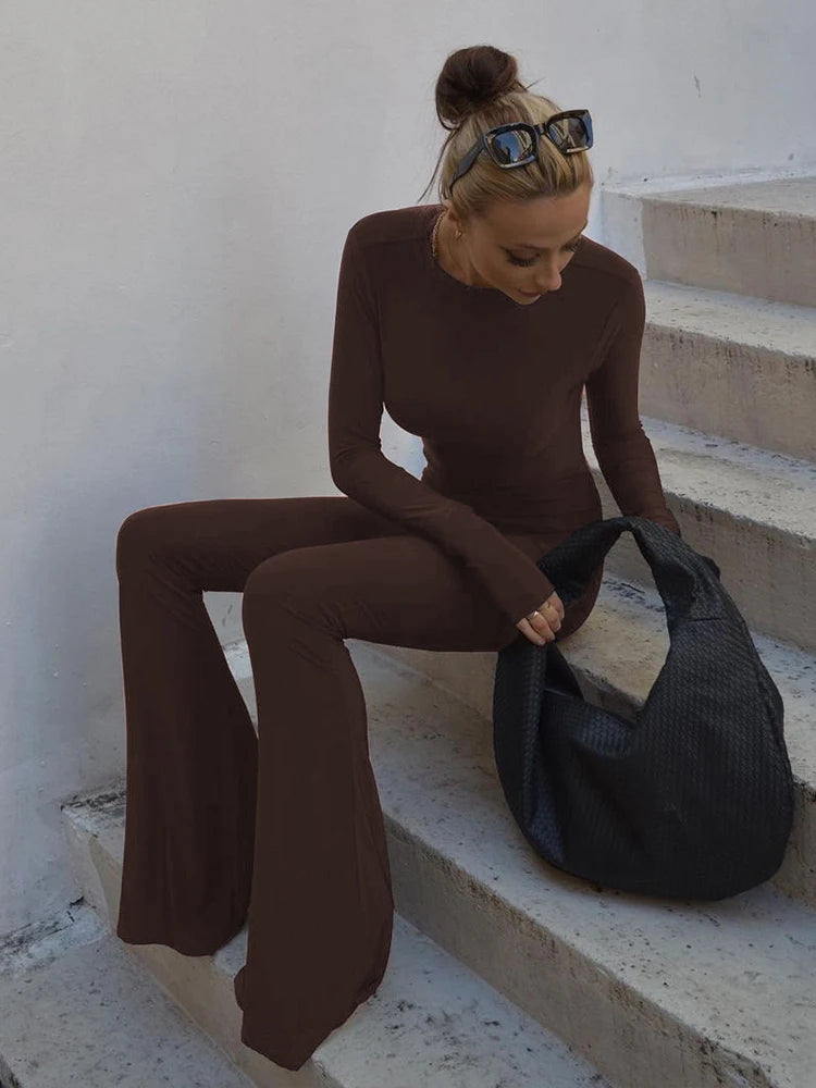 SIsterlinda Solid Sexy Backless Bodycon Wide Leg Jumpsuit Women Autumn Casual Slim Long Sleeve O-Neck Playsuit Lady Streetwear