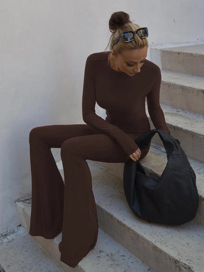 SIsterlinda Solid Sexy Backless Bodycon Wide Leg Jumpsuit Women Autumn Casual Slim Long Sleeve O-Neck Playsuit Lady Streetwear