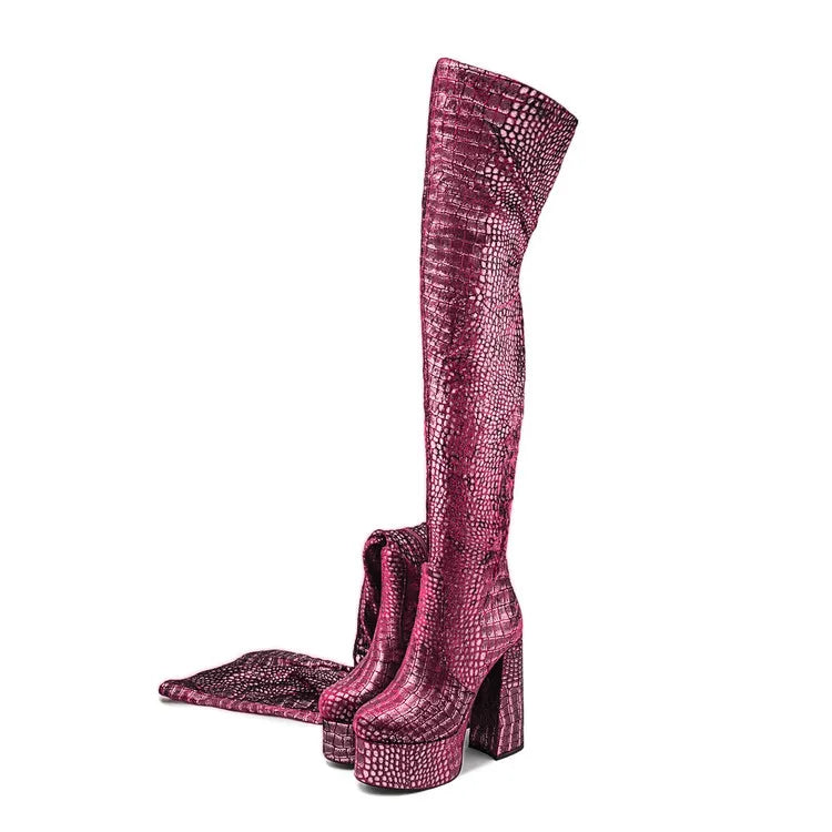 15CM Chunky Heel Platform Woman Over-the-knee Snake Pattern Boots Wild T Show Shoes Sexy Slimming Stretch Thigh Boots For Women