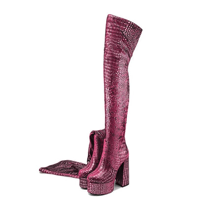 15CM Chunky Heel Platform Woman Over-the-knee Snake Pattern Boots Wild T Show Shoes Sexy Slimming Stretch Thigh Boots For Women