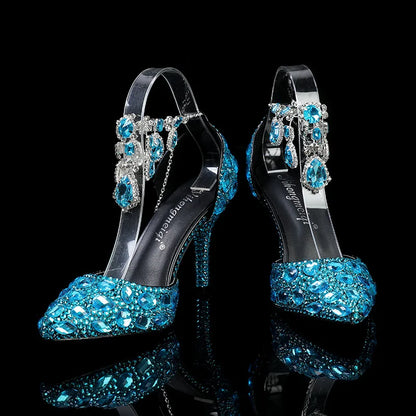 2024 Autumn Slim Heels Shallow Mouth Luxury Blue Water Diamond Pearl Women Single Shoes 9CM Wedding Party Shoes Sandalias Mujer