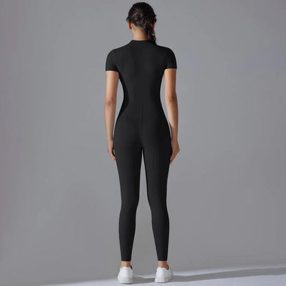 Womens Jumpsuits Short Sleeve Yoga Slim Fit Stretch One Piece Romper Sexy Fitness Female Basic Sportwears Black Zipper Ladies