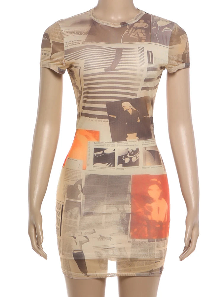 SIsterlinda Newspaper Print Chic Sexy Dress Woman Fashion O-Neck Short Sleeve Skinny Peach Buttocks Midnight Club Party Bodycon