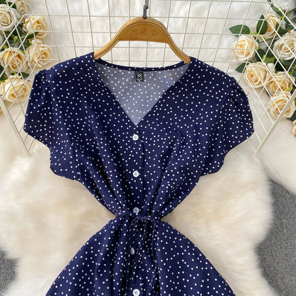 Summer Women Polka Dot Long Dress Vintage V-Neck Flying Sleeve High Waist Single Breasted A-Line Casual Vestidos Female Robe New